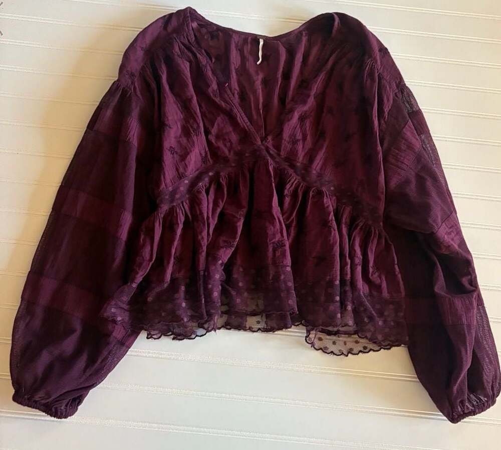 Free People Nostalgic Feels Burgundy Embroidered Lace Peplum Blouse Size S